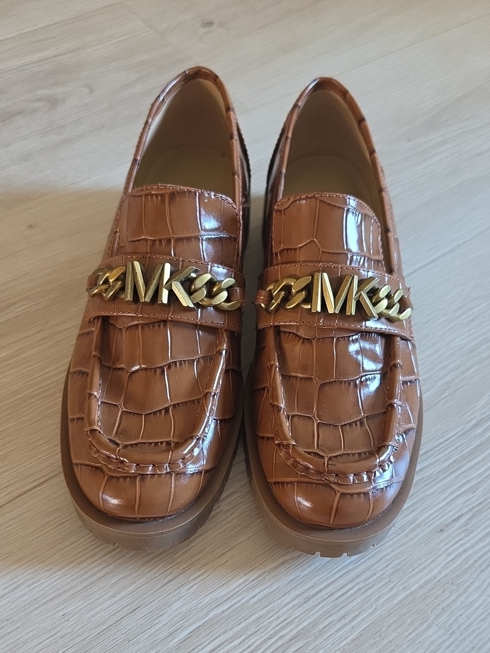 Michael Kors Tan Croc-Embossed Leather Loafers with Gold Chain Logo